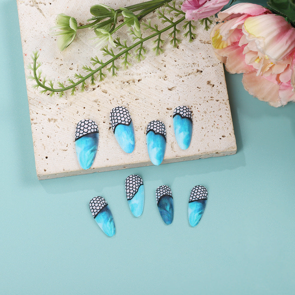 Ocean Breeze Medium Almond Blue Gradient Press-On Nail Set with Stylish Black and White Pattern