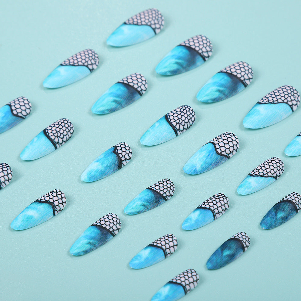 Enchanting Ocean Vibes Medium Almond Blue Press-On Nail Set with Unique Scaled Design