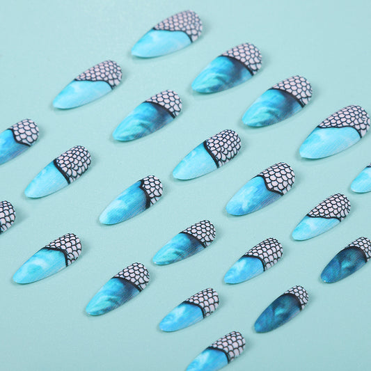 Enchanting Ocean Vibes Medium Almond Blue Press-On Nail Set with Unique Scaled Design