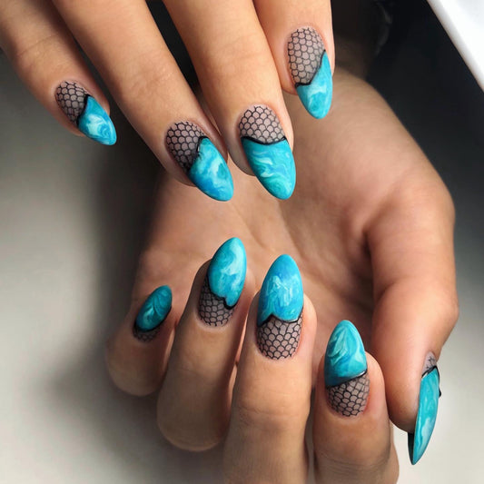 Oceanic Elegance Medium Almond Shaped Vibrant Turquoise with Unique Mesh Design Press on Nail Set