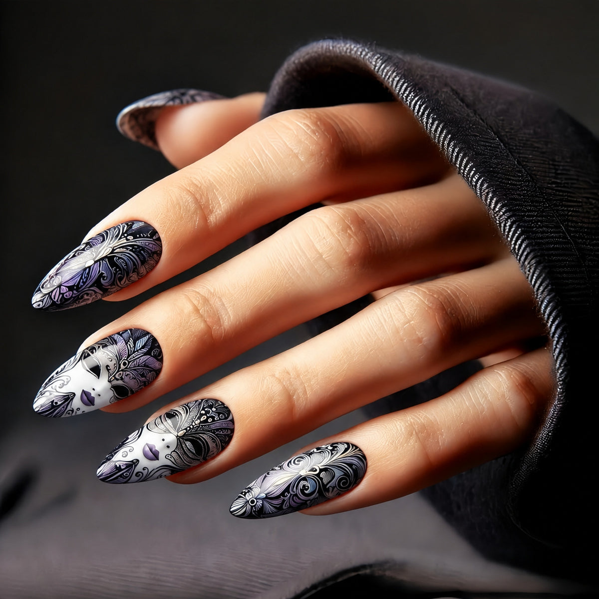 Mystical Elegance Medium Almond Black and Purple Floral Design Press-On Nail Set