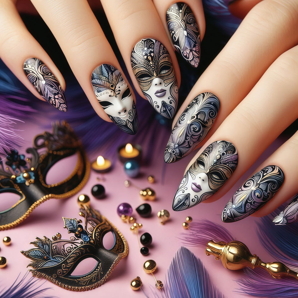 Elegant Masquerade Medium Almond Black and Gold Artistic Press On Nail Set