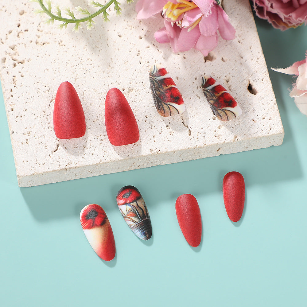 Enchanted Blooming Elegance Short Almond Red Press On Nail Set with Floral Matte Finish