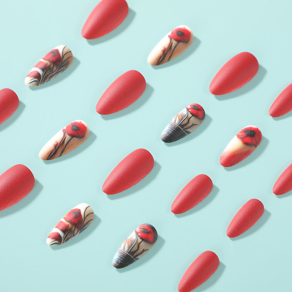 Floral Elegance Short Almond Shaped Matte Nails with Artistic Poppy Design