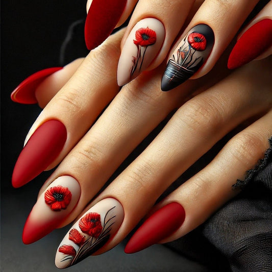 Enchanting Floral Elegance Short Almond Shaped Deep Red With Exquisite Poppy Detail Press On Nail Set