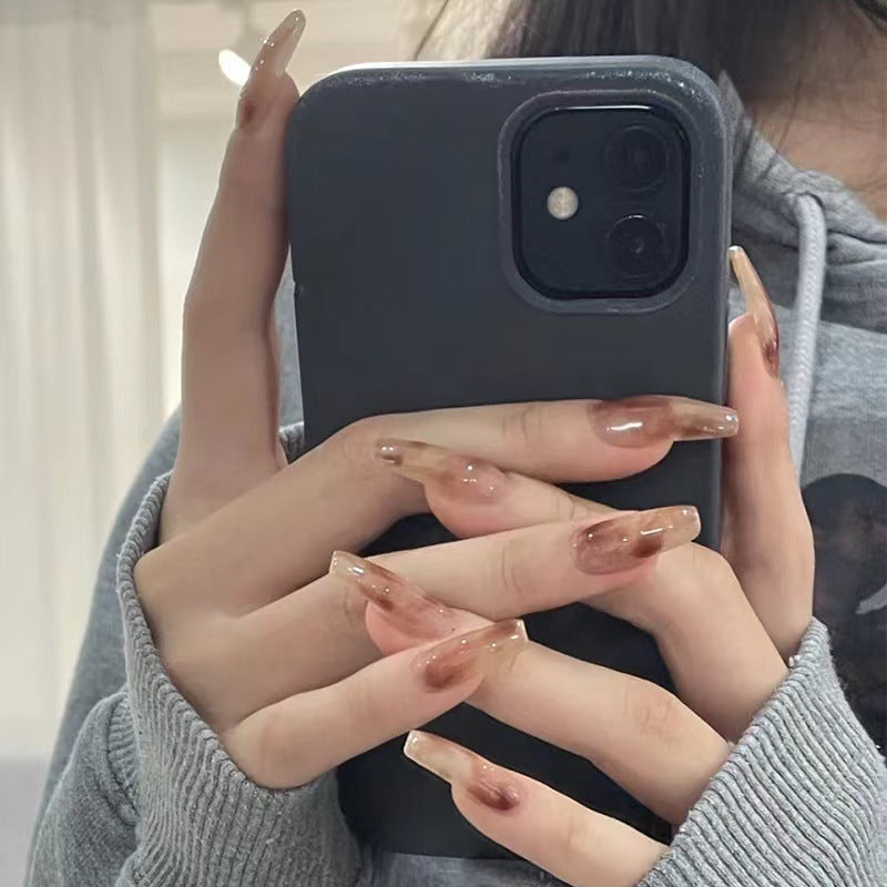 Chic Sunset Ombre Long Coffin Press On Nail Set in Beige Brown with Glossy Finish and Natural Look