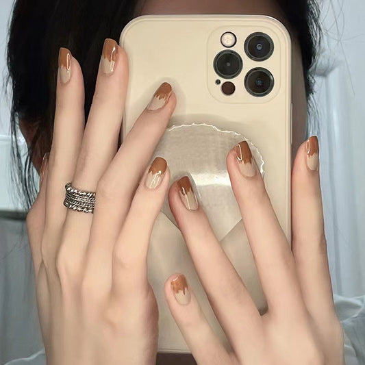 Elegant Autumn Dreams Medium Square Brown Ombre Press On Nails with Glossy Finish