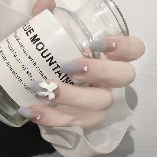 Chic Floral Fantasy Long Square Light Blue Ombre Press On Nail Set with 3D Flower Accents