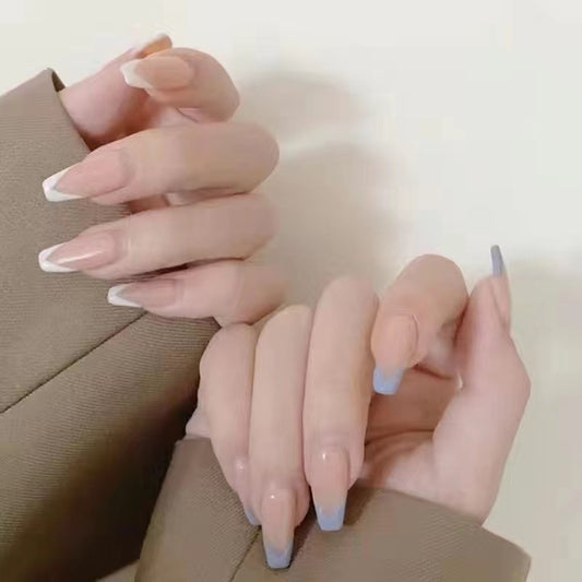 Dreamy Sky Press On Nail Set Long Coffin Shape Clear with Blue Tips and Elegant Gloss Finish