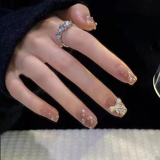 Glamorous Butterfly Garden Medium Coffin Clear Press On Nail Set with Rhinestone Accent