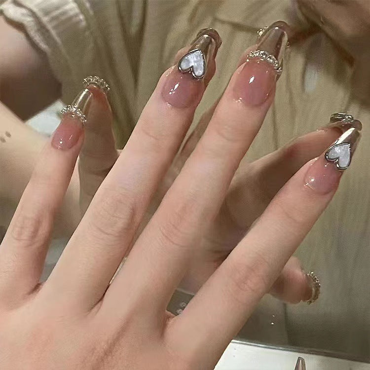 Love Story Heart Almond Shaped Long Glossy Beige Press On Nail Set with Rhinestone Accents