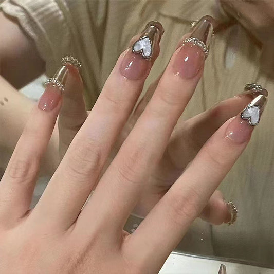 Love Story Heart Almond Shaped Long Glossy Beige Press On Nail Set with Rhinestone Accents