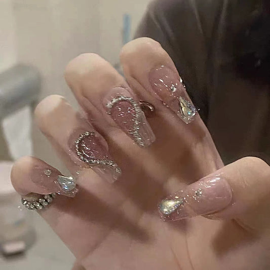 Glamorous Dreamy Extra Long Coffin Shimmering Pink Press On Nail Set with Dazzling Crystal Accents