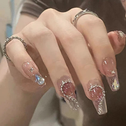 Glamorous Mermaid Dream Long Coffin Pink Glitter Press On Nail Set with Crystal Accents