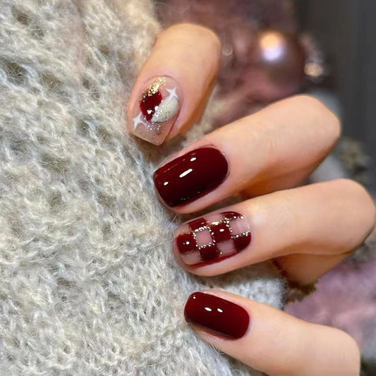Elegant Winter Wonderland Medium Square Burgundy Press On Nail Set with Glittering Heart and Checker Design