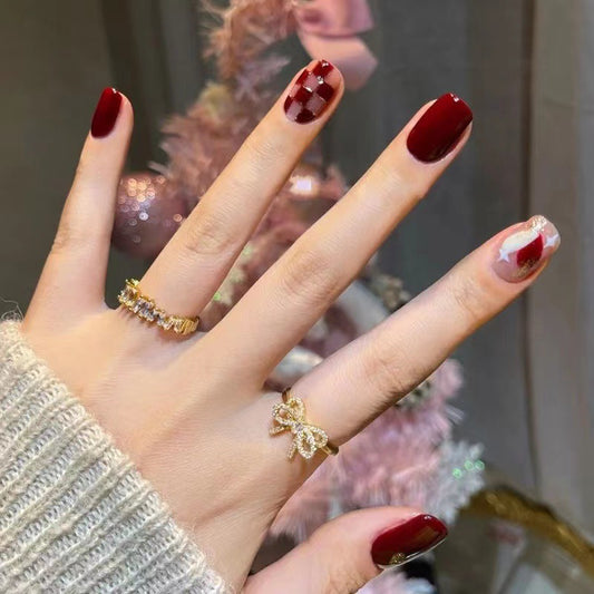 Festive Holiday Charm Medium Square Burgundy with Glitter Stars Press On Nail Set