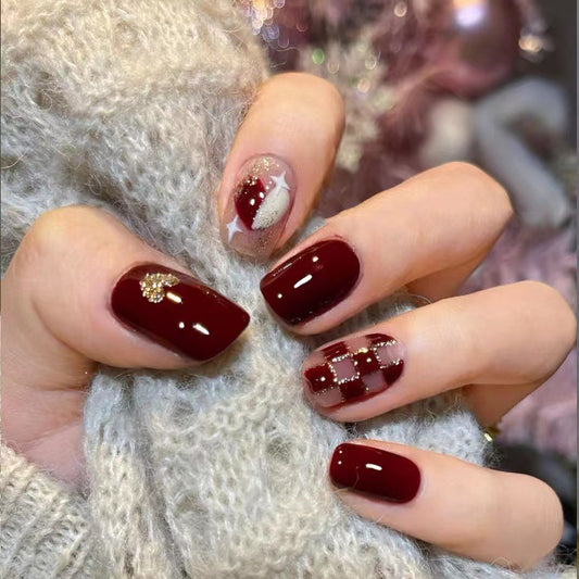 Glamorous Festive Press On Nail Set Medium Square Burgundy with Gold Glitter Accent and Stylish Plaid Design