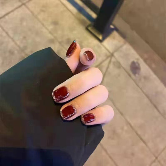Glamorous Night Out Short Square Burgundy Nails with Glitter Tips and Stunning Shine