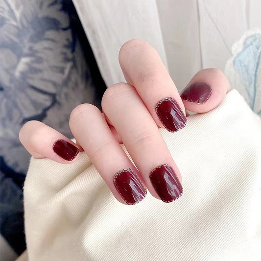 Glamorous Wine Glam Press On Nail Set Short Square Burgundy with Glitter Accents