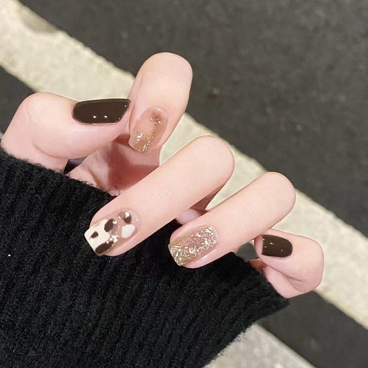 Chic Cocoa Peaks Medium Square Brown and Gold Glitter Press On Nail Set with Unique Animal Print Design