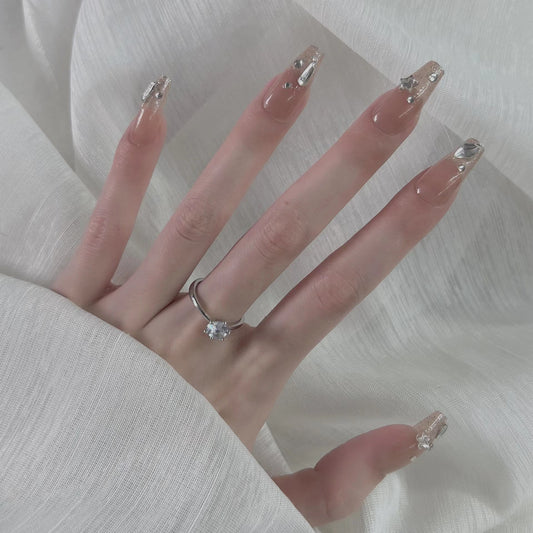 Glamorous Evening Elegance Extra Long Coffin Ombre Beige Press On Nail Set with Sparkling Glitter Accents