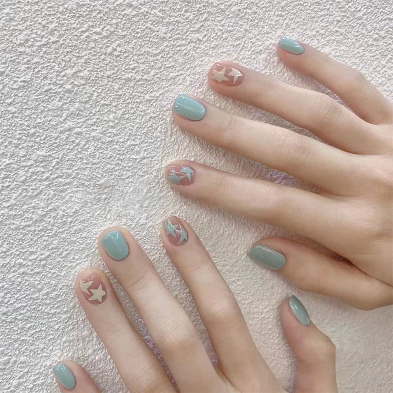 Dreamy Sky Adventure Short Oval Mint Green and Soft Beige Star Pattern Press On Nail Set