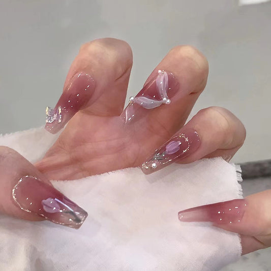 Whimsical Blossom Long Coffin Pink Ombre Press On Nail Set with Floral Design and Pearl Accents