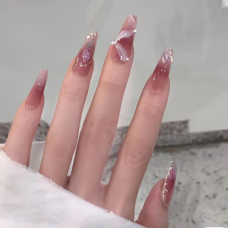 Dreamy Elegance Long Coffin Pink Ombre Press On Nail Set with Artistic Swirls and Gem Accents