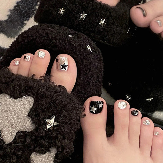 Celestial Glamour Short Square White and Black Press On Nail Set with Star Accents