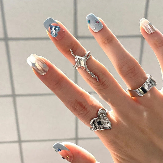 Chic Mermaid Inspired Long Square Light Blue Glitter Press On Nail Set with Iridescent Shine