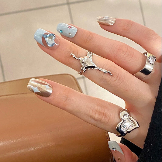 Celestial Dreams Long Square Light Blue Press On Nail Set with Unique Gemstone Accents