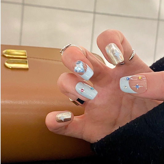 Celestial Dream Long Square Light Blue Press On Nail Set with Sparkling Gem Accents