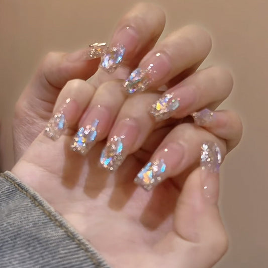 Enchanted Fairy Dream Long Coffin Clear with Iridescent Glitter Press On Nail Set