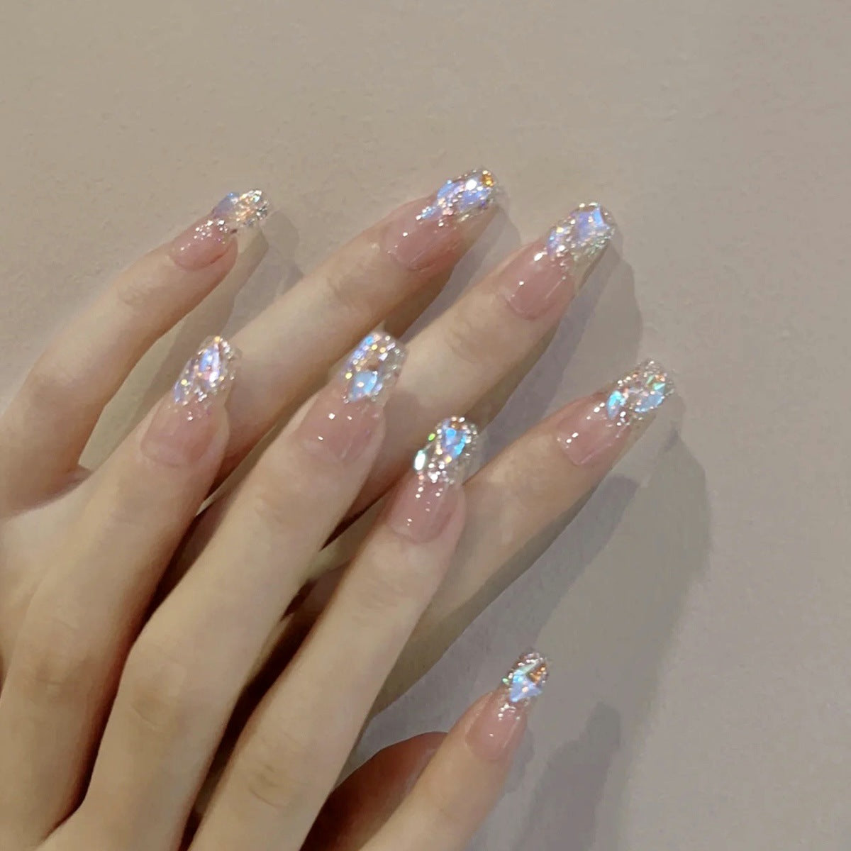 Glimmering Dreams Long Coffin Beige Press On Nail Set with Iridescent Glitter Tips