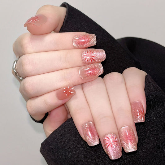 Glamorous Sunset Square Press On Nail Set Long Pink Glitter with Floral Design