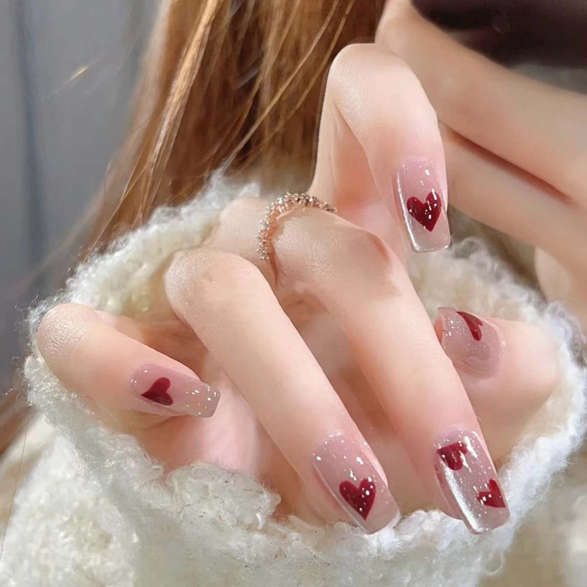 Romantic Heartfelt Romance Long Square Clear Red Accent Press On Nail Set