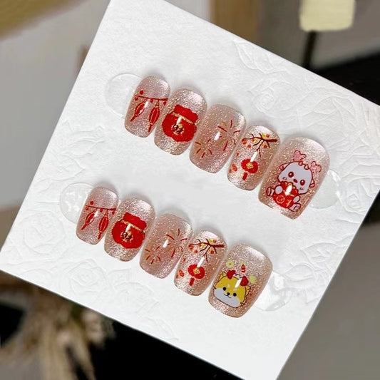 Festive Charm Long Square Red Glitter Press On Nail Set with Cute Character Designs