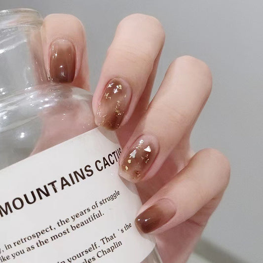 Autumn Elegance Square Medium Length Brown Ombre Press On Nail Set with Gold Star Accents