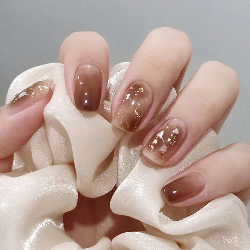 Glamorous Autumn Chic Medium Square Brown Press On Nail Set with Gold Leaf Accents