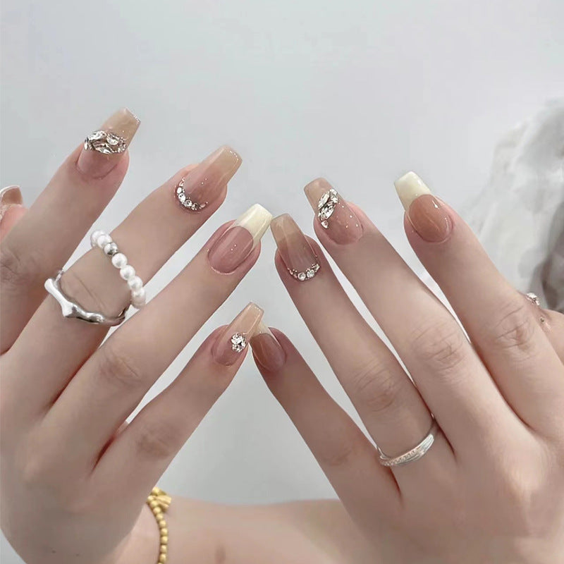 Glamorous Elegance Long Coffin Ombre Beige and Cream Press On Nail Set with Crystal Accent Design