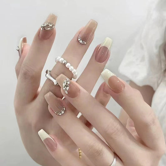 Elegant Dream Blush Long Coffin Ombre Beige and White Press On Nail Set with Rhinestone Accents