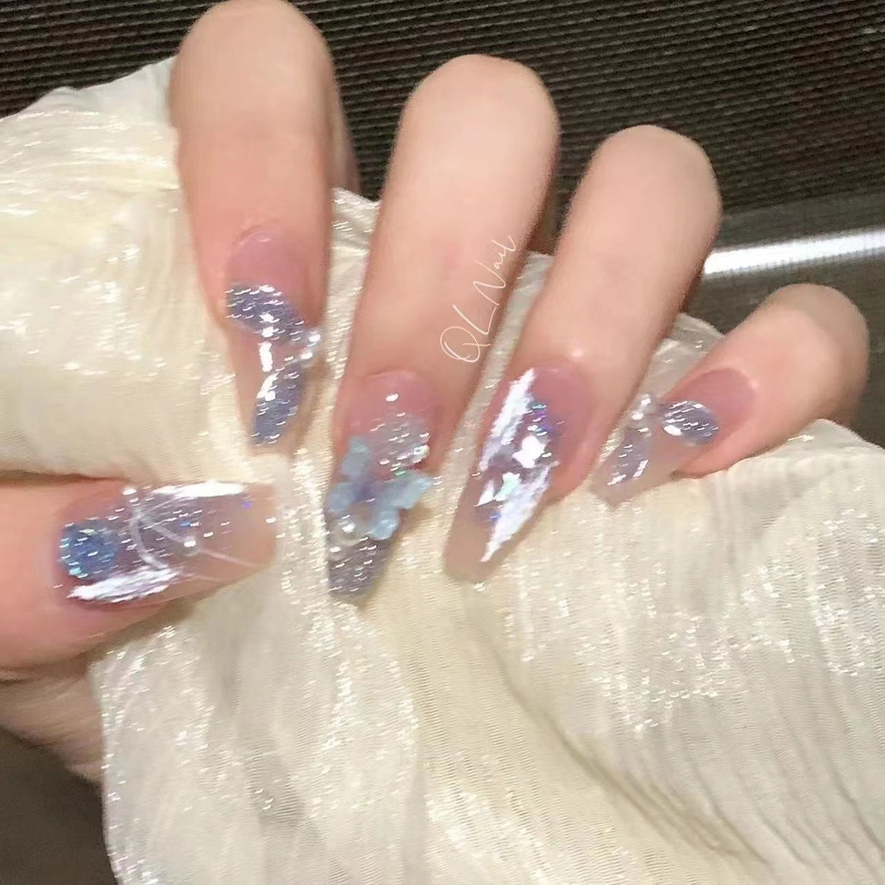 Celestial Dreams Long Coffin Blue Glossy Press On Nail Set with Iridescent Glitter and Floral Accents
