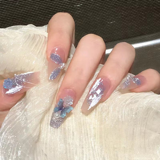 Butterfly Dreams Long Coffin Transparent Blue Glitter Press On Nail Set with Floral Accents and Gem Details