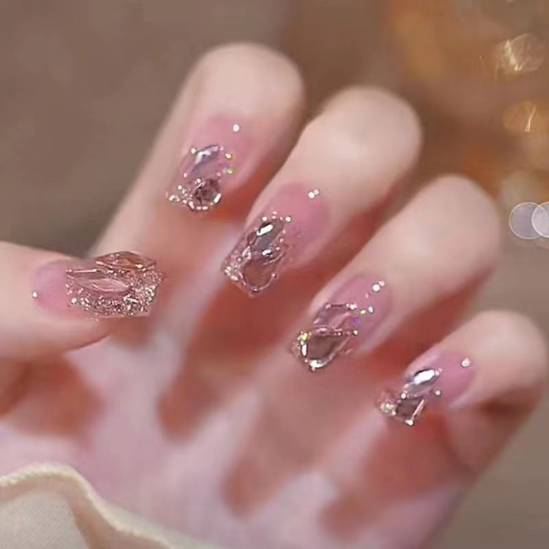 Glamorous Elegance Long Square Blush Pink Press On Nail Set with Glittering Gem Accents