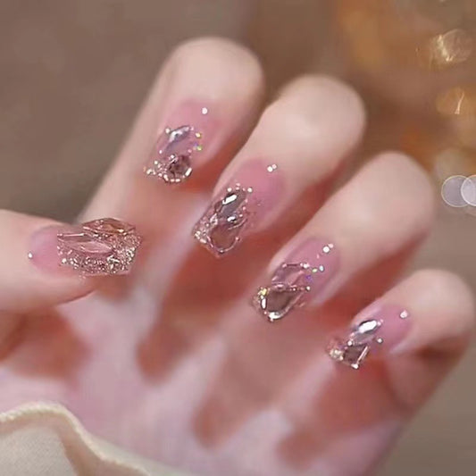 Glamorous Elegance Long Square Blush Pink Press On Nail Set with Glittering Gem Accents