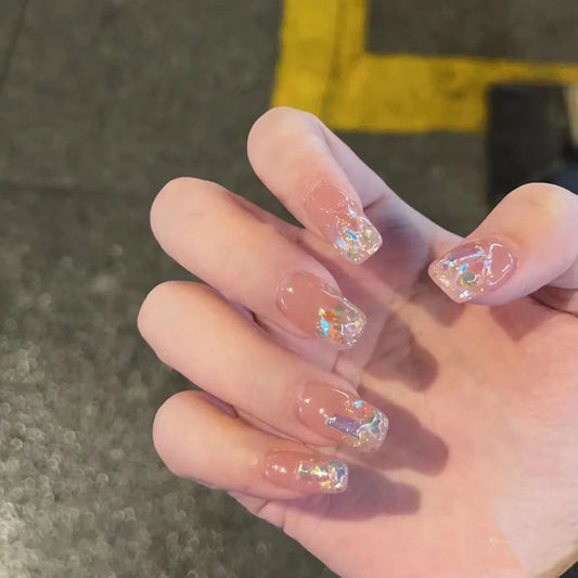 Glistening Aurora Square Long Transparent Glitter Press On Nail Set