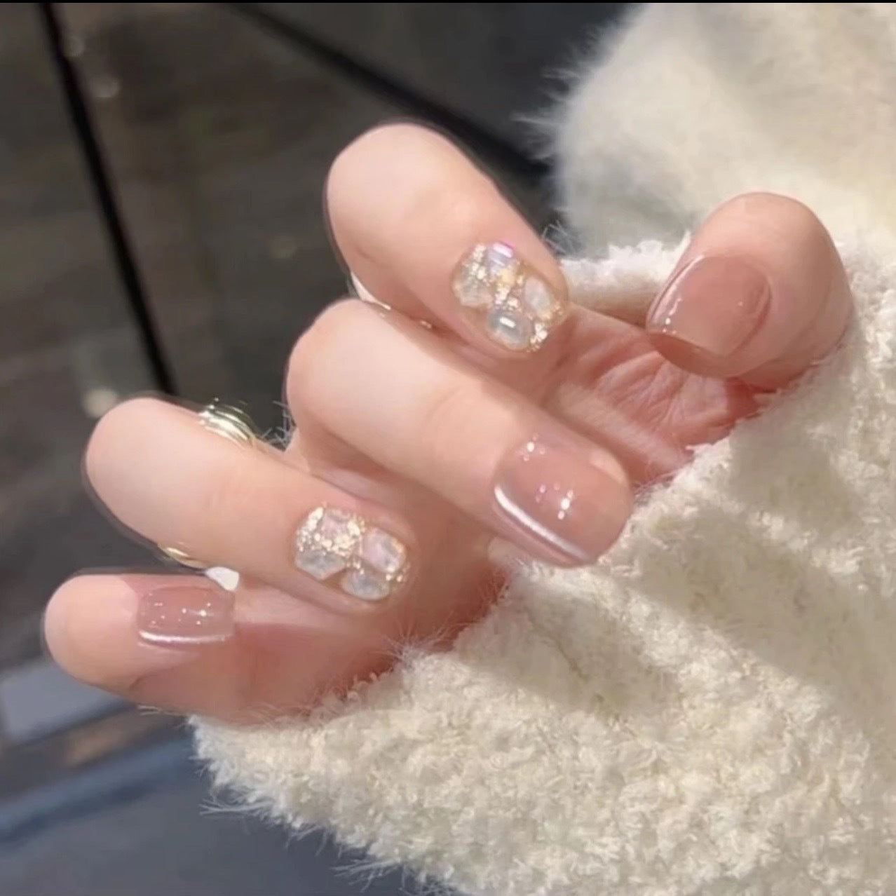 Glamorous Crystal Dream Medium Square Beige Press On Nail Set with Iridescent Gem Accents