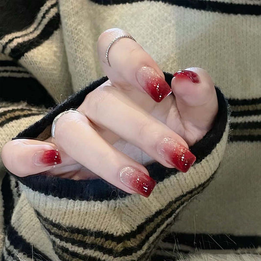 Glamorous Autumn Elegance Long Square Ombre Red and Glitter Press On Nail Set