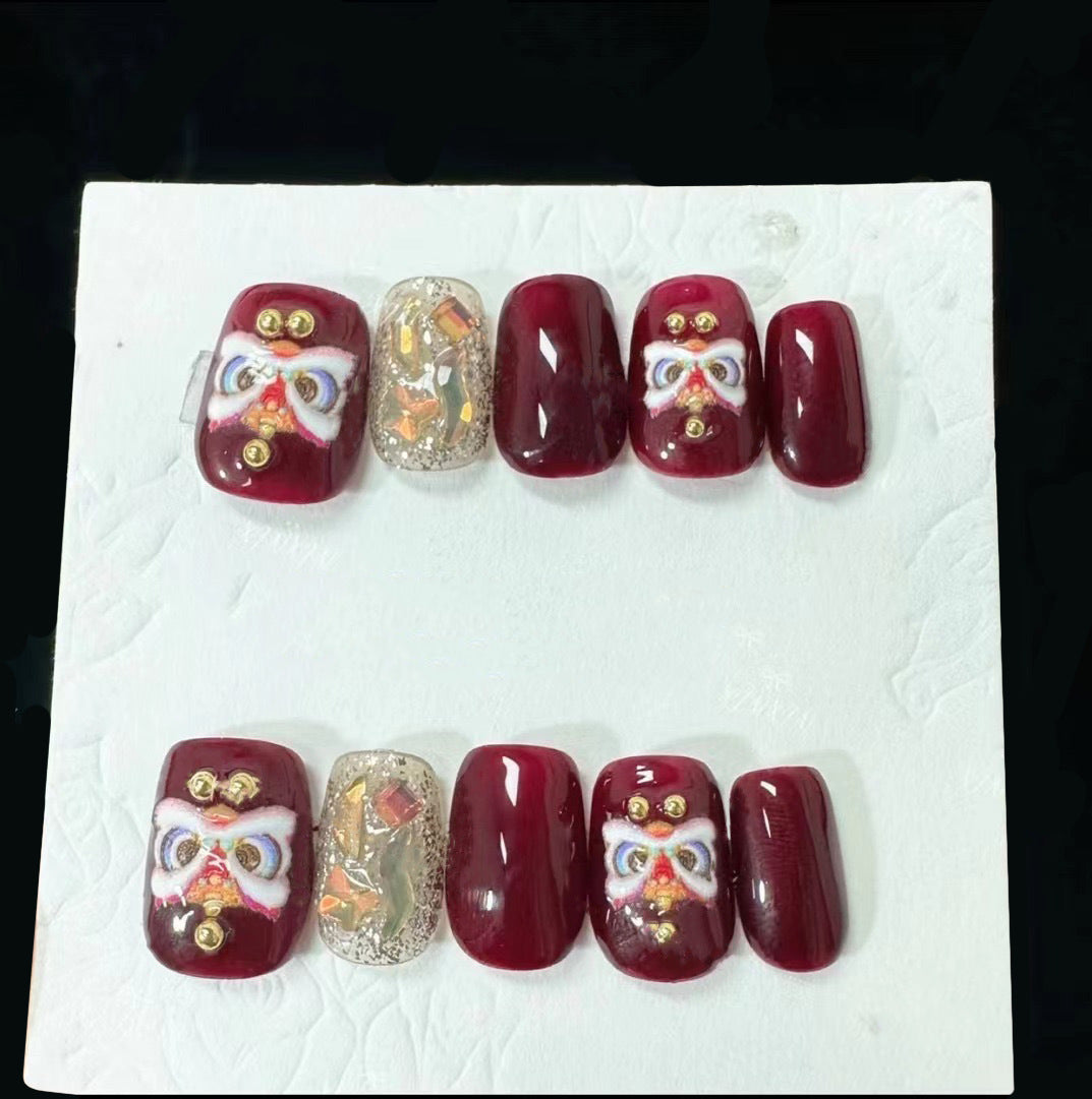 Festive Elegance Long Square Burgundy Press On Nail Set with Glitter Design and Unique Bow Accents
