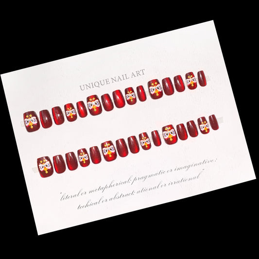 Festive Sparkle Press On Nail Set Long Square Red with Whimsical Owl Art Design